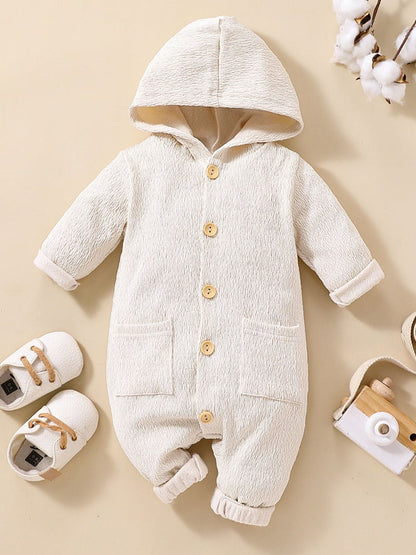 Infant/Baby Textured Button Front Hooded Jumpsuit with Pockets