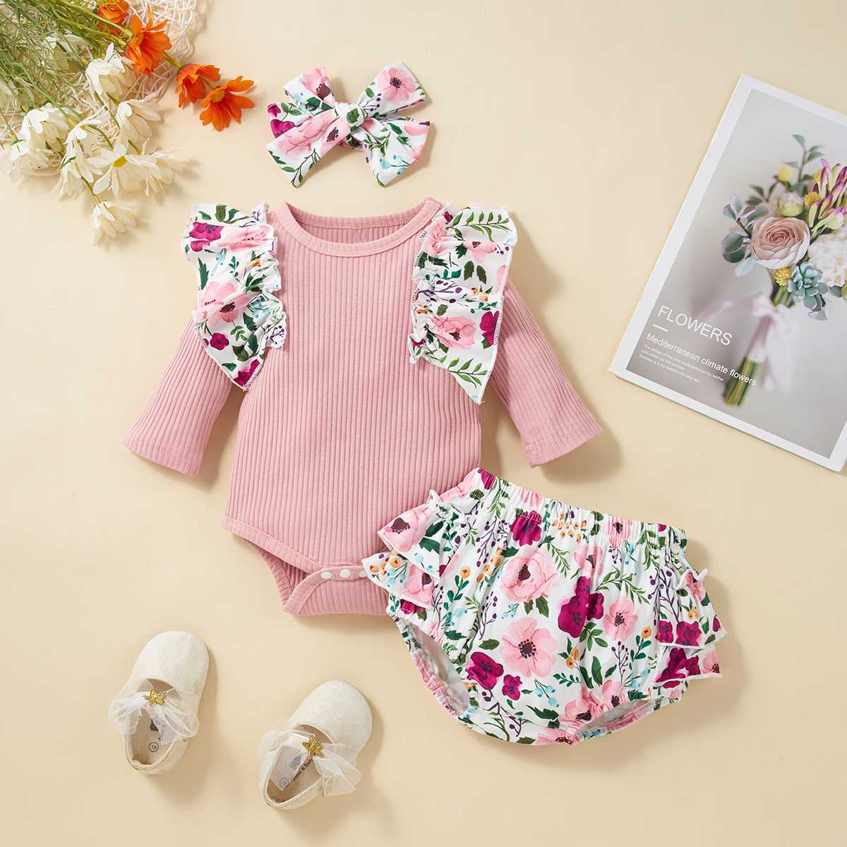 Floral Ruffle Trim Bodysuit and Bloomers Set