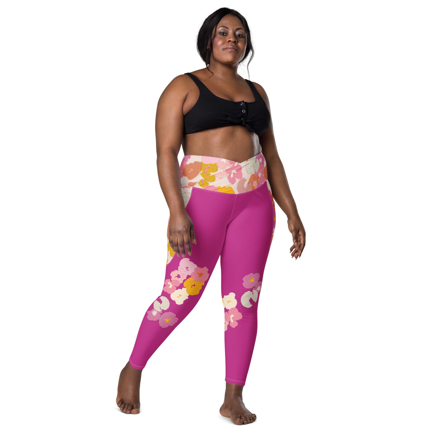 Bold Floral - Crossover Yoga Leggings with Pockets